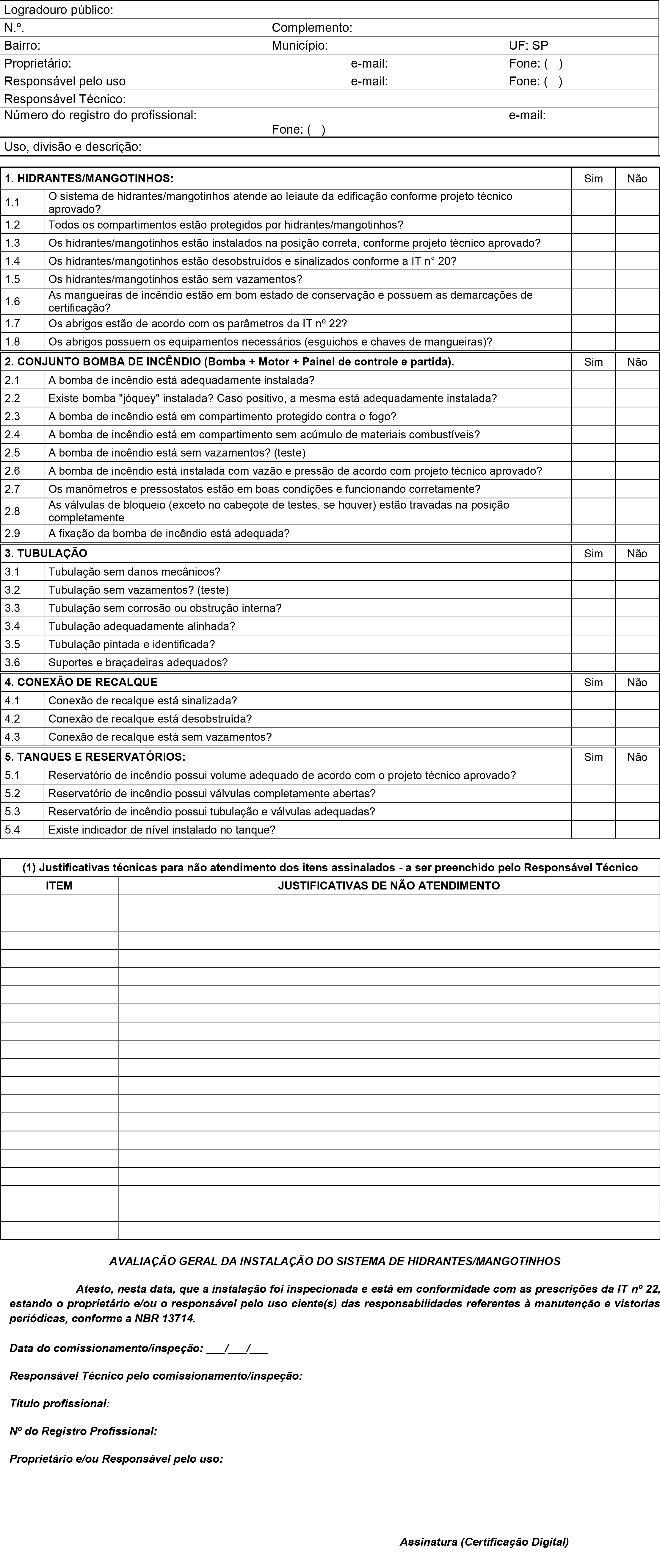 Anexo O: Relatório de comissionamento e de inspeção periódica do sistema de hidrantes e mangotinhos