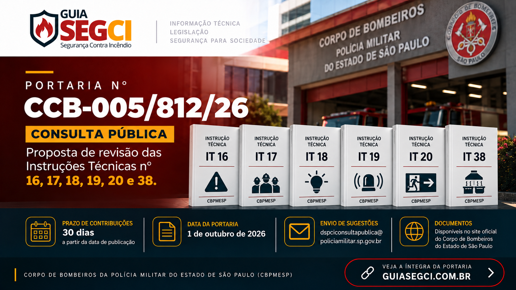 Portaria CCB-005/812/26 – Consulta Pública proposta de revisão das Instruções Técnicas nº 16, 17, 18, 19, 20 e 38